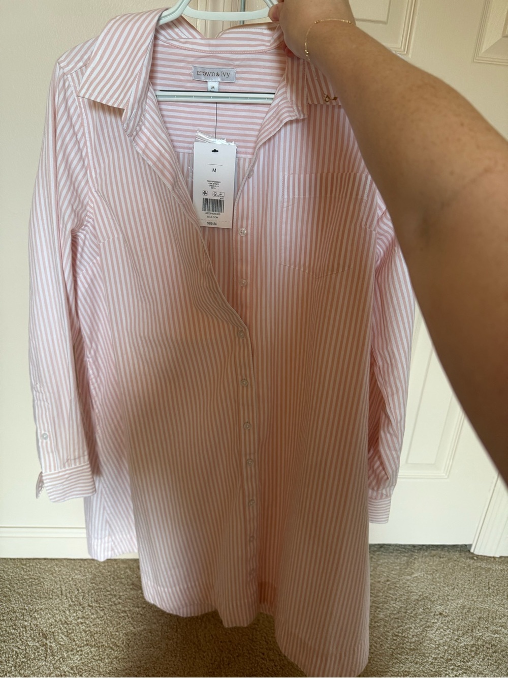 Crown & Ivy Pink and White Striped Button-Up Shirt Dress